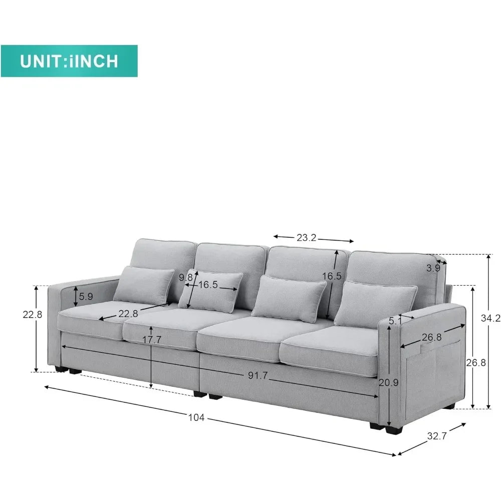 104" Linen Fabric Sofa with Armrest Pockets and 4 Pillows, Minimalist Style 4-Seater Couch