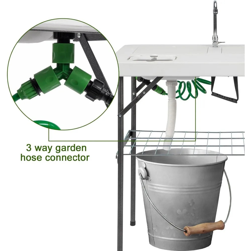 Folding Fish Cleaning Table with Sink, Portable Camping Sink Table with Grid Rack & Sprayer