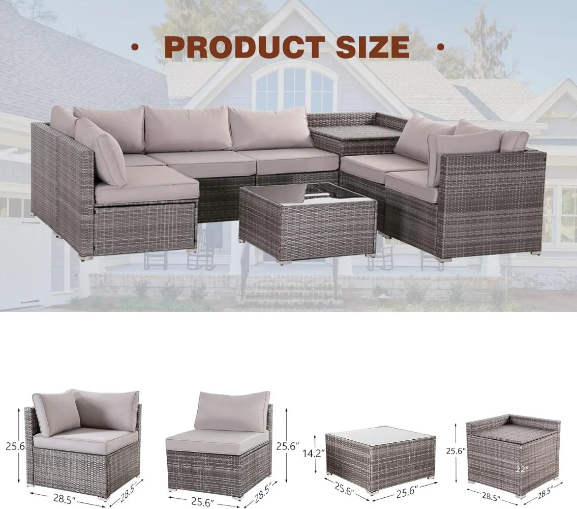 8 Pieces Patio Set Wicker Set Rattan Sectional Sofa Set w/Storage Box & Glass Coffee Table