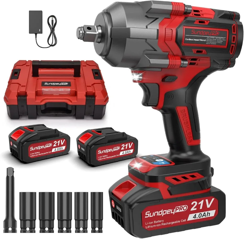 Cordless Impact Wrench 900Ft-lbs(1200N·m) - 21V 1/2" with 2 * 4.0Ah Batteries/Fast Charger & Case