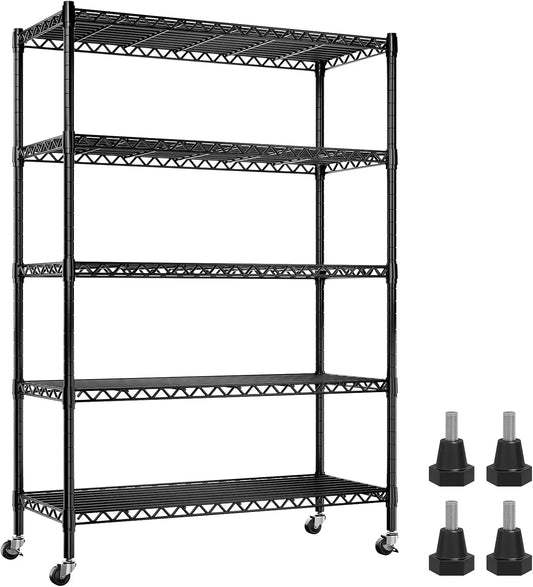 REIBII 73.6"H Wire Shelving with Wheels, 5-Tier Adjustable Deep Storage, Heavy Duty Metal Shelves