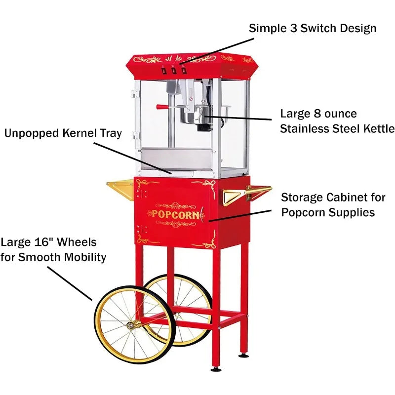 Great Northern Popcorn Red 8 Ounce  GNP-800 Classic Style Popcorn Machine with Cart