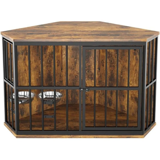 ROOMTEC 42 inch Furniture Dog Crate Corner Wooden End Table with Bowl, Side Table