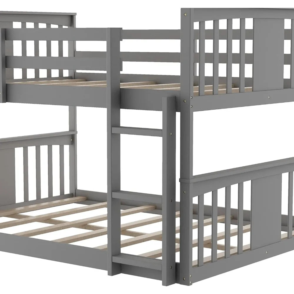 Designs Full Over Full Low Bunk Bed with Headboard and Footboard, Wooden Bunk Bed with Ladder