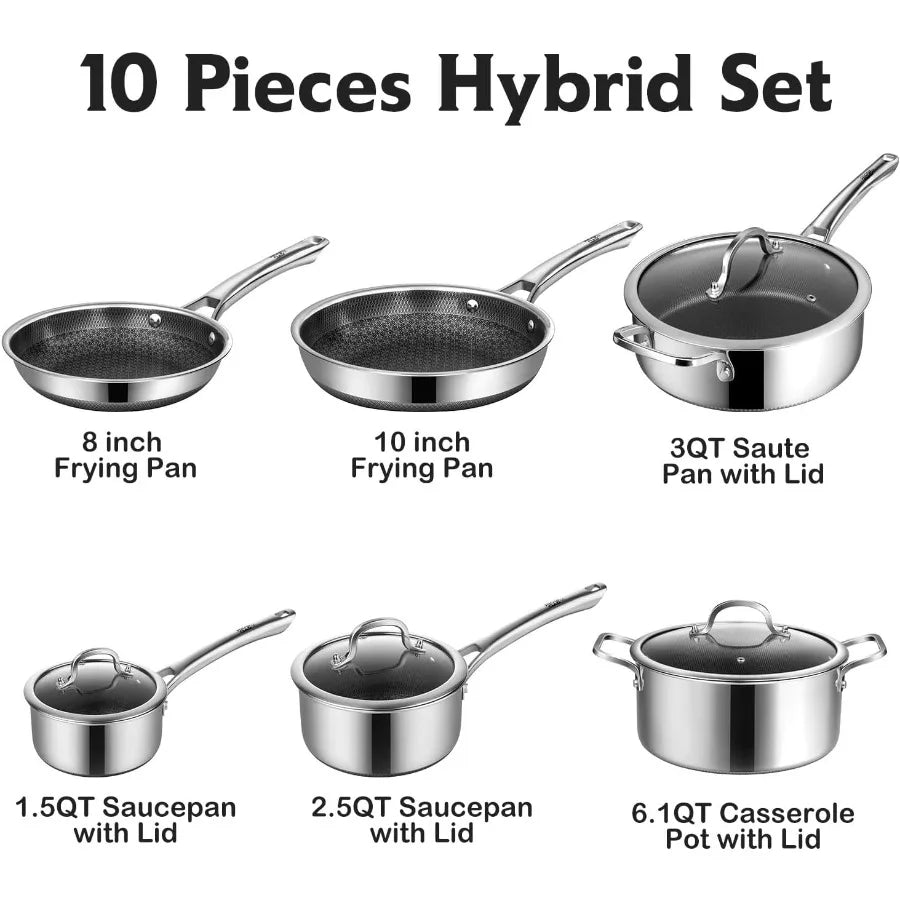 SNOWCLAD Pots and Pans Set Non Stick 10 Pcs Hybrid Stainless Steel Cookware, Frying Pans Saucepans