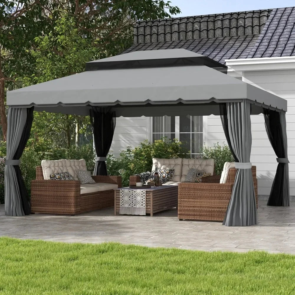 10' x 13' Patio Gazebo, Outdoor Gazebo Canopy Shelter with Netting and Curtains, Aluminum Frame