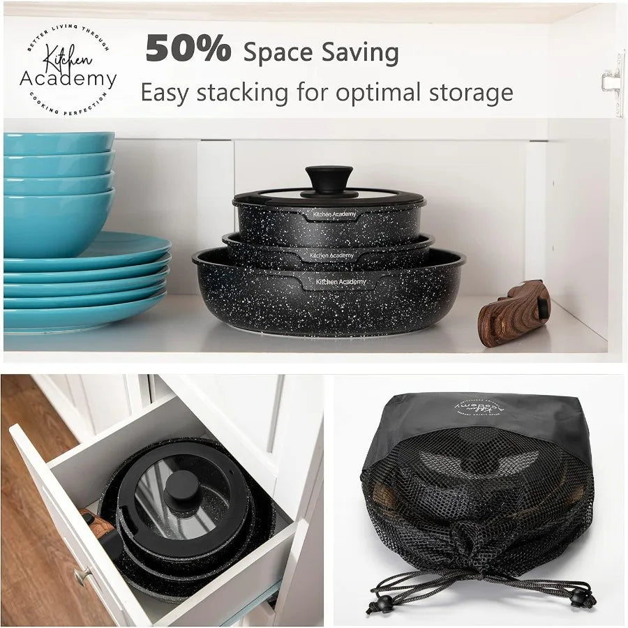 Removable Handle Induction Pots and Pans Set - 10 Piece Non-stick Cookware Sets, Black Granite Stackable RV Cookware for Camp