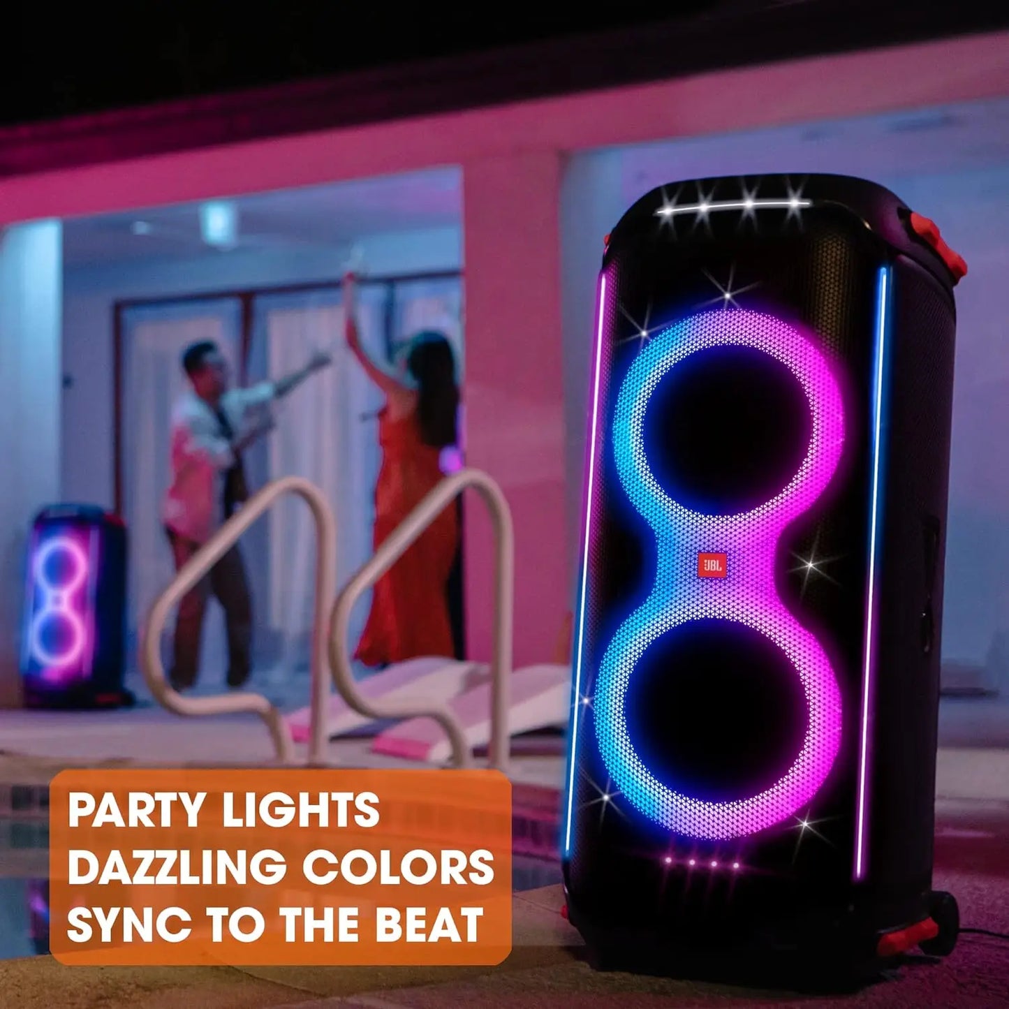 Party Speaker with Powerful Sound, Built-in Lights and Extra Deep Bass, IPX4 Splash Proof, App/Bluetooth Connectivity