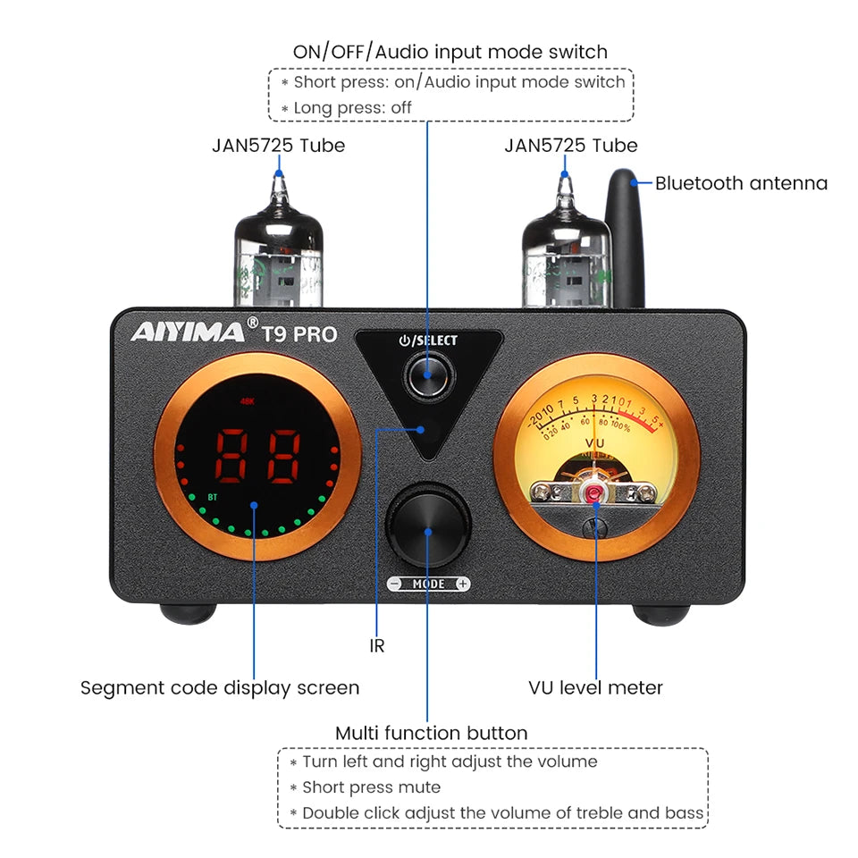 AIYIMA Audio T9 Pro Stereo Vacuum Tube Amplifier Bluetooth 5.1 QCC3031 Aptx USB DAC COAX OPT HiFi Home Digital Amp VU Meter 100w