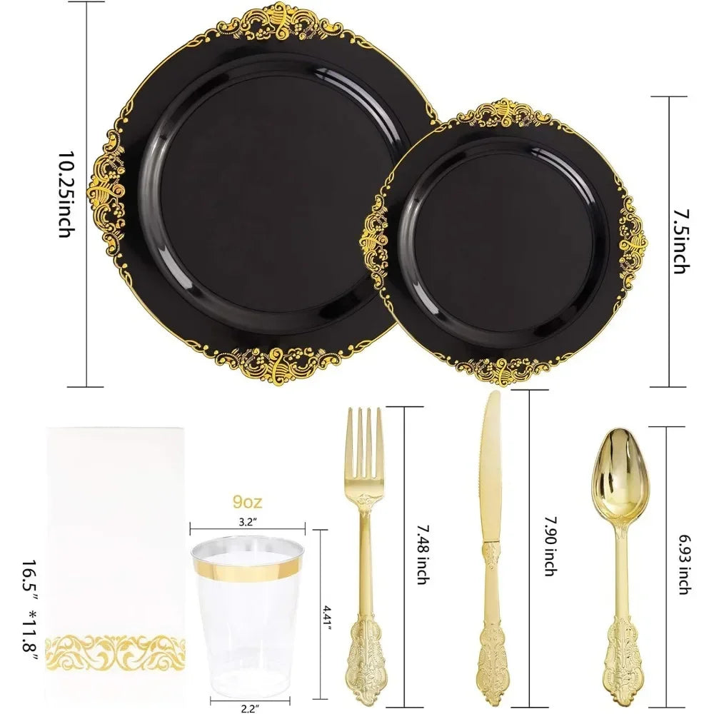 350 pieces of black and gold plastic plates with gold plastic silverware, disposable cutlery for weddings and parties