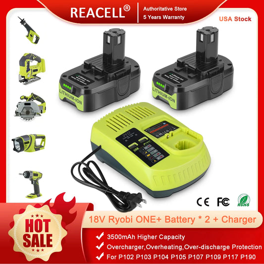 2 Pack 3.5Ah 18V Battery+Charger Combo/Ryobi ONE+ Battery P102 P103 P104 P105 P107 P109 P117 P190