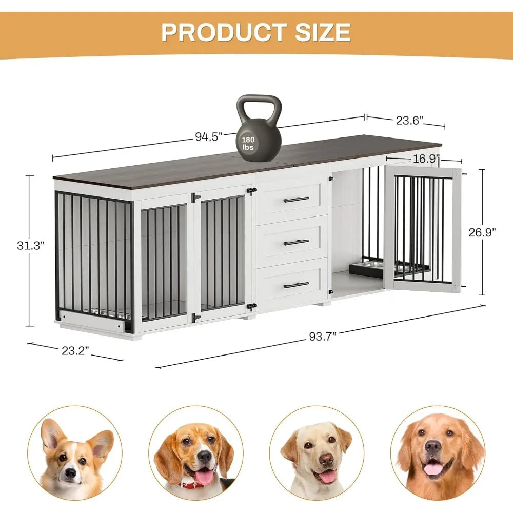 94.5" Large Dog Crate Furniture/2 Dogs, Double Wooden Dog Kennel Furniture/4 Dog Bowls & 3 Drawers