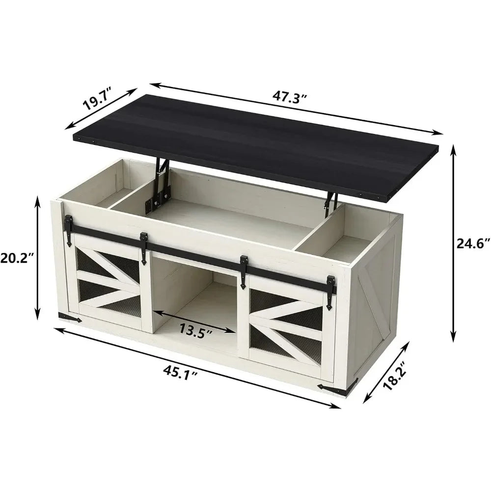 47.3FT Lift Top Coffee Table w/Sliding Barn Door/Center Table w/Large Storage/Antique Coffee Table