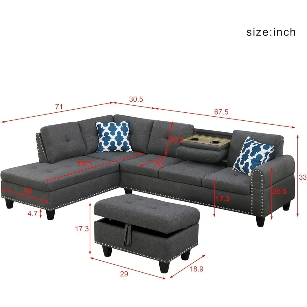 Sofa Living Room Set with Ottoman Style Reversible Sectional Sofa and Left Facing Lounge Chair