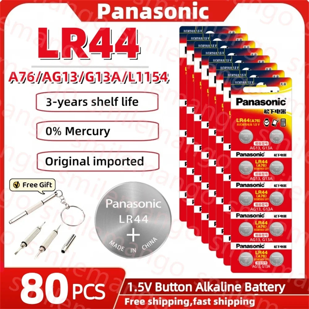 Panasonic 10-100PCS Alkaline Battery LR44 A76 AG13 LR1154 SR44 GP76 1.5V