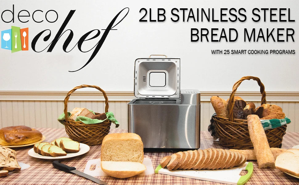 Chef 2 LB Stainless Steel Bread Maker w/25 Smart Cooking Programs and Accessories, Measuring Cup