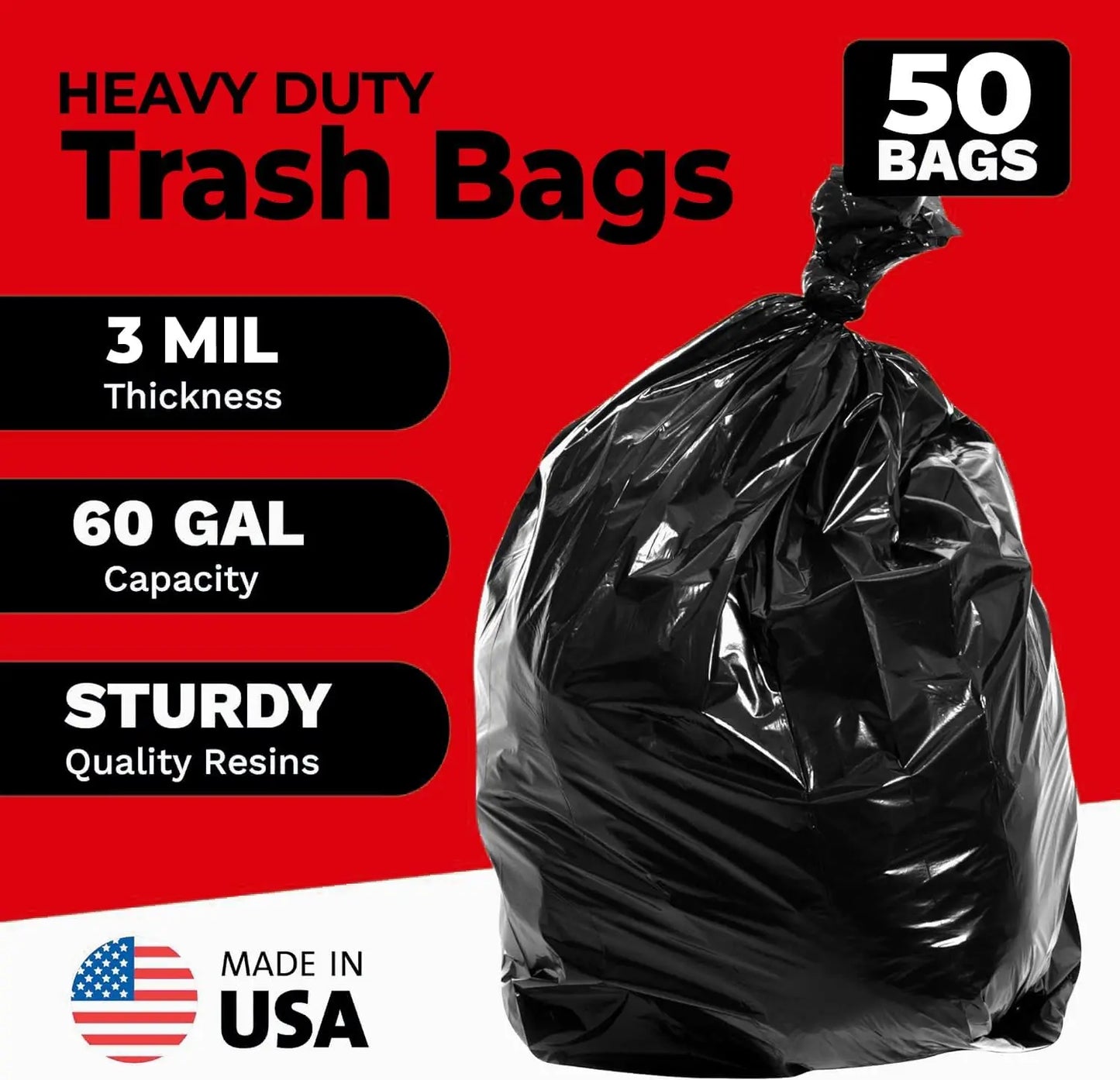 55 Gallon Trash Bags, 3 Mil Contractor Bags, Large 55-60 Gallon Trash Can Liners,