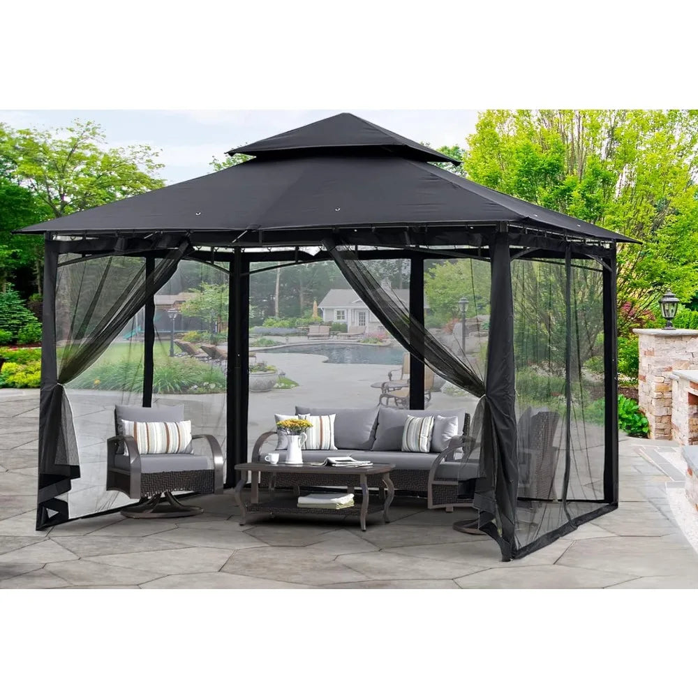 Garden Gazebo for Patios with Stable Steel Frame and Netting Walls (10x10, Black),