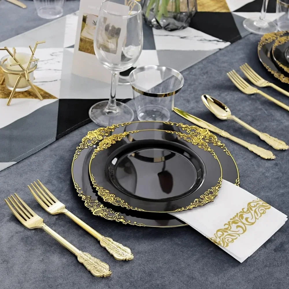 350 pieces of black and gold plastic plates with gold plastic silverware, disposable cutlery for weddings and parties