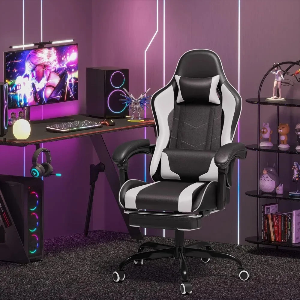 Video Game Chair w/Footrest & Massage Lumbar Support, Computer Chair Height Adjustable w/Swivel Seat