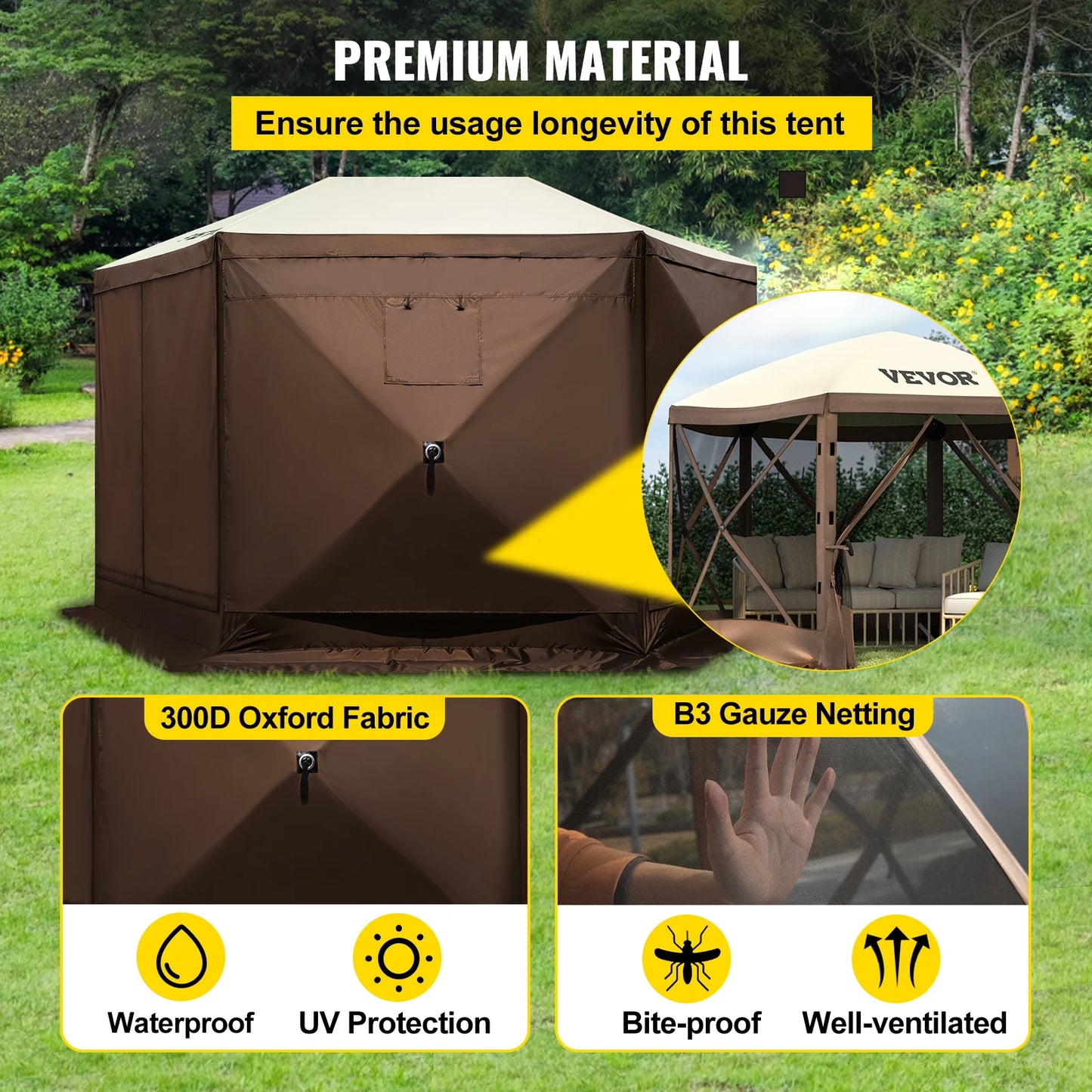 VEVOR Gazebo Screen Tent 6 Sided Pop-up Camping Canopy Shelter Portable Outdoor Large Shade Tents