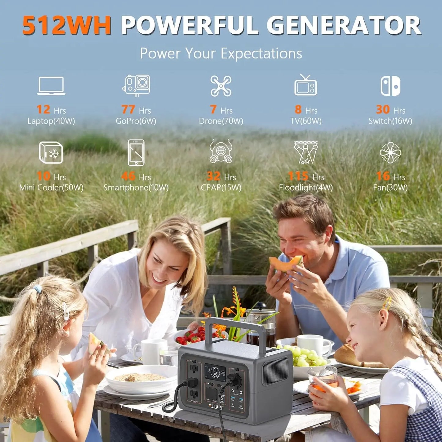 Power Station 500W(Surge 1000W), 512Wh LiFePO4, Solar Generator Fast Charge, UPS Mode, 3 110V AC