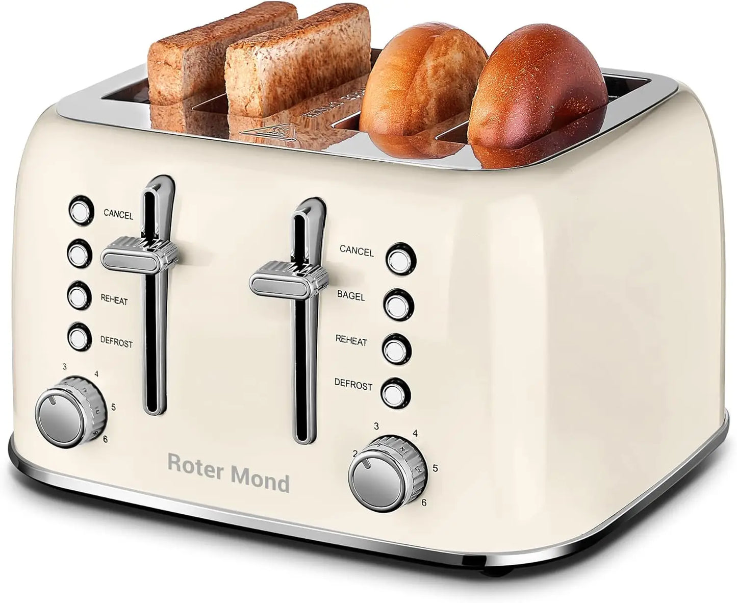 ROTOR MOND Toaster 4 Slice Retro Stainless Steel w/Extra Wide Slots Bagel, Defrost, Reheat Function