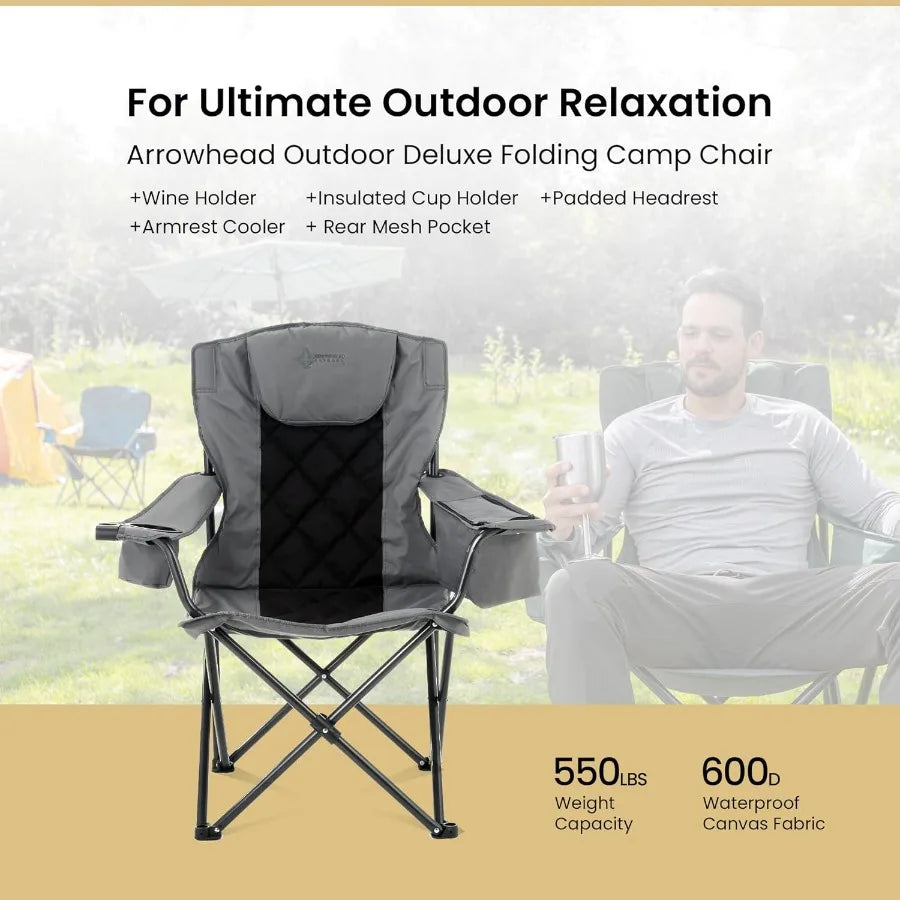 ARROWHEAD OUTDOOR Portable Deluxe Folding Camp Quad Chair w/Headrest Glass and Cup Holders Armrest