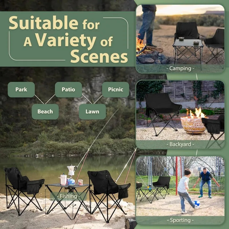 Camping Chairs Set, Adult, 2 Black Folding Moon Chair & 1 Lightweight Camp Table W/CUP HOLDERS