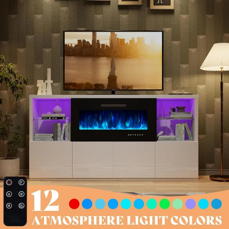 Modern High Gloss 68" Fireplace TV Stand, Entertainment Center & LED Lights for TVs up to 78"