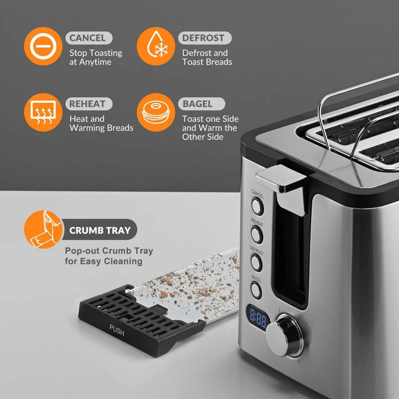 4 Slice Toaster, Long Slot Toaster With Countdown Timer, Bagel/Defrost/Reheat/Cancel,Warming Rack