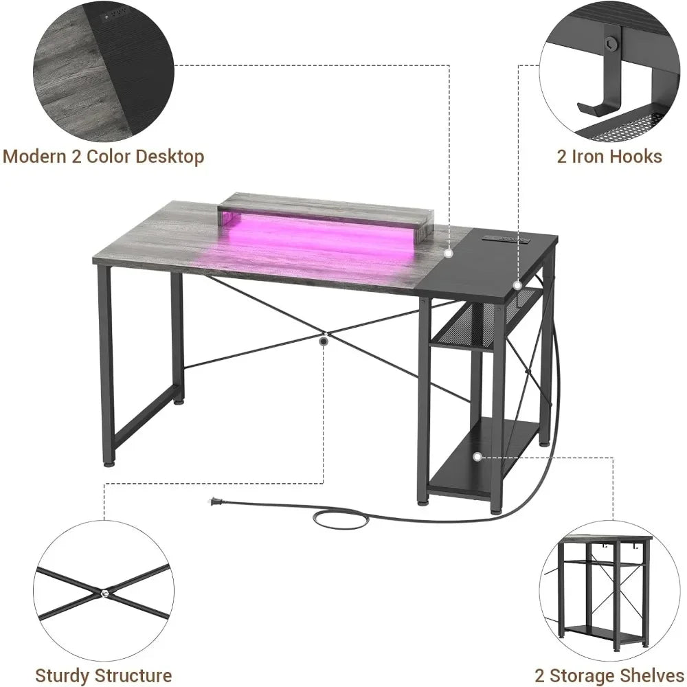 Computer Desk w/ LED Lights, 47 Gaming Desk w/ Power Outlet and USB, Reversible Laptop Table