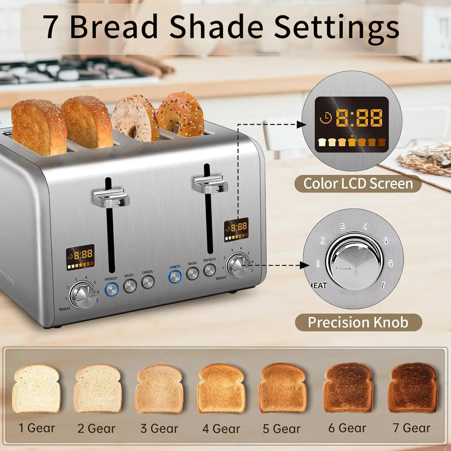 4 Slice Toaster Stainless Bread Toaster Color LCD Display 7 Bread Shade Settings 1.5'' Wide Slot