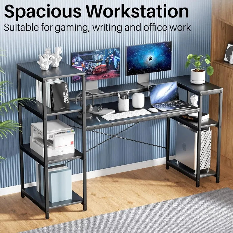 Computer Desk with Storage Shelves, 63 Inches Large Industrial Office Desk Workstation