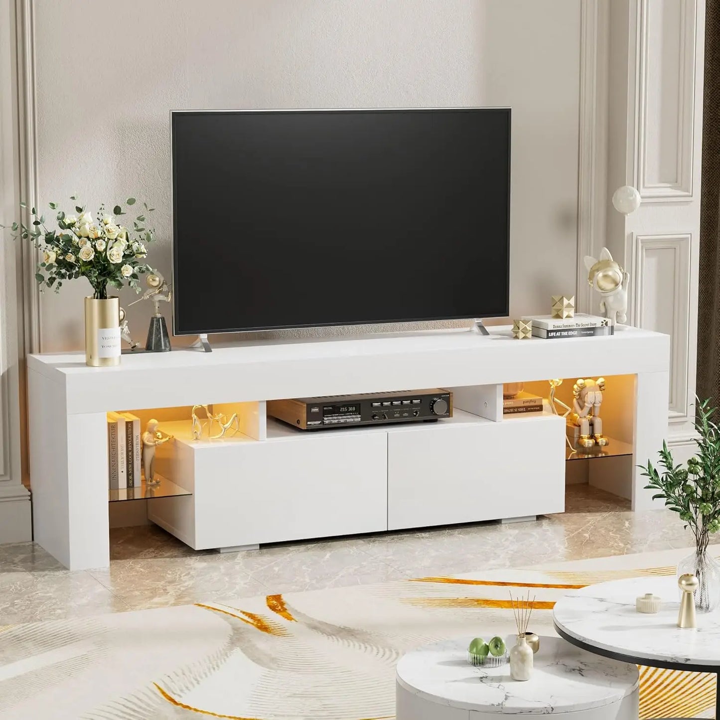 Modern LED TV Stand for Televisions up to 70 Inch w/Glass Shelves and Drawer, Gaming Entertainment