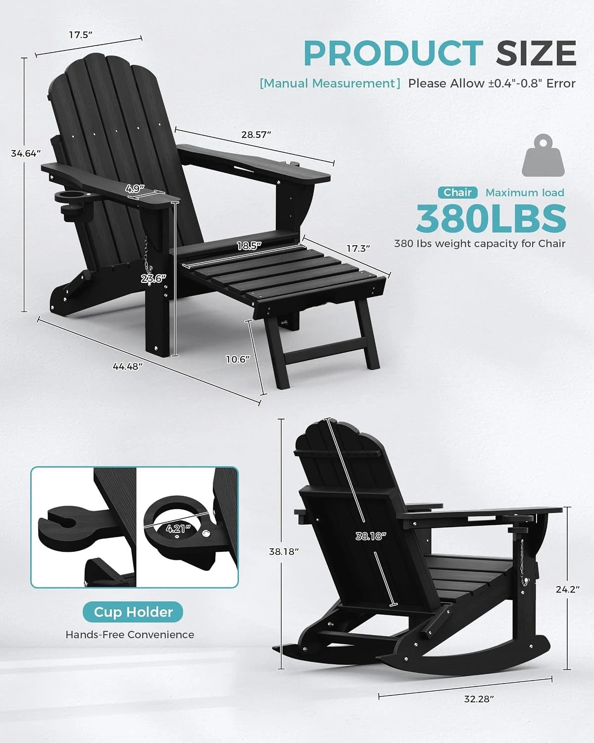 All Weather HDPE Adirondack Rocking Chairs Set Of 2, Foldable Patio Rockers /Retractable Ottoman