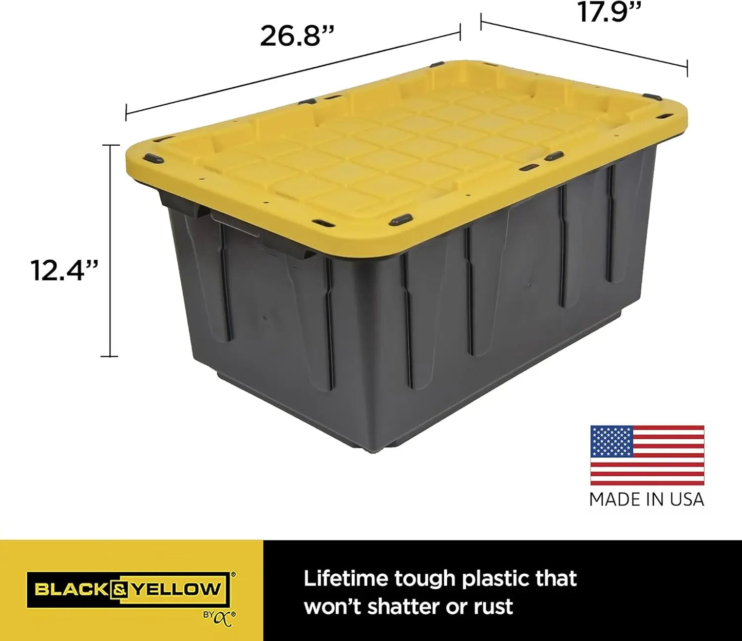 Black&Yellow 17-Gal Heavy Duty Tough Storage Container&Snap-Tight Lid,(12.5”Hx18”Wx26.9”D), [4 Pack]