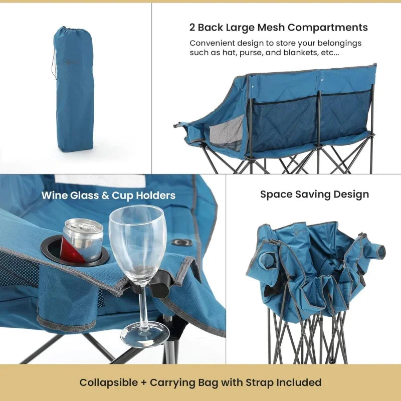 Arrowhead Outdoor Portable Folding Double Camping Chair Loveseat w/ 2 Cup & Wine Glass Holder