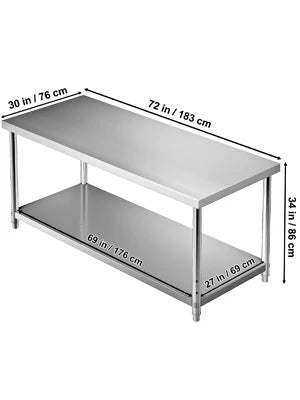 Stainless Steel Prep Table, 72 x 30 x 34 Inch, 550lbs Load Capacity Heavy Duty Metal Work Table