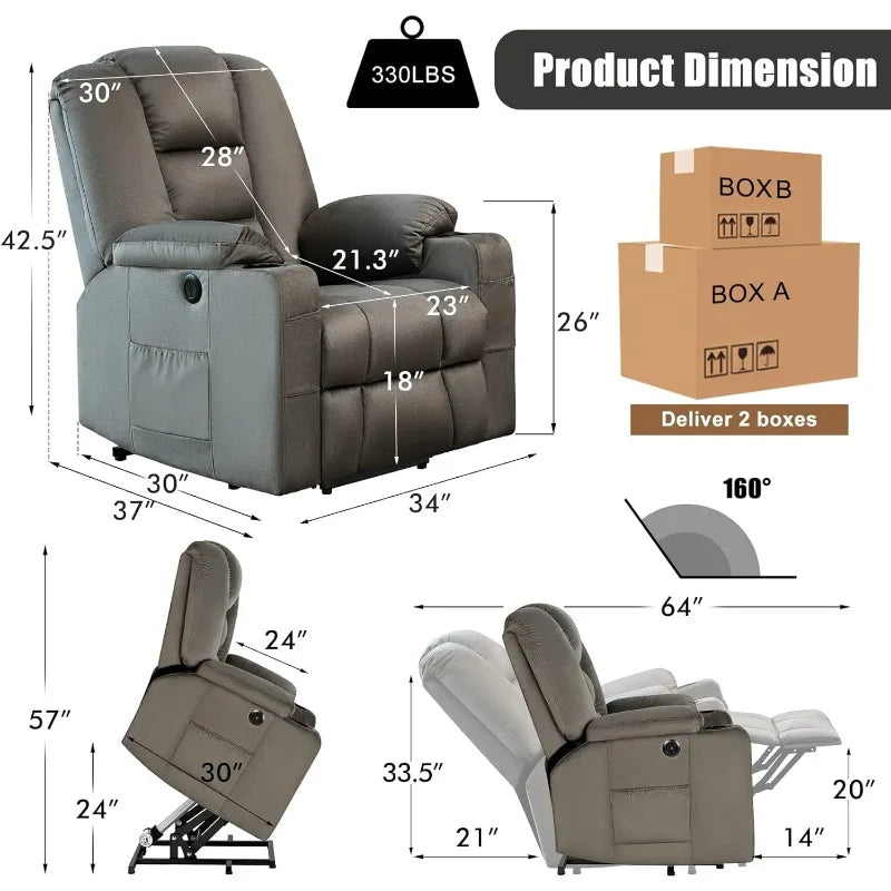 Power Lift Recliner Chair for Elderly, Plush Fabric Electric Recliner w/Heated & Vibration Massage