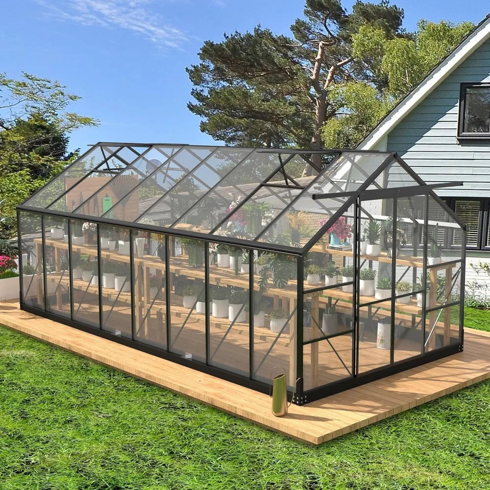 Greenhouse 8x16 ft polycarbonate greenhouse w/4 adjustable roof vents, walk-in aluminum frame