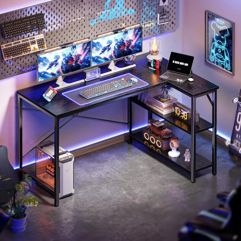 HUUGER L Shaped Desk, 47" Computer Desk with Reversible Storage Shelves, Gaming Desk, Corner Desk