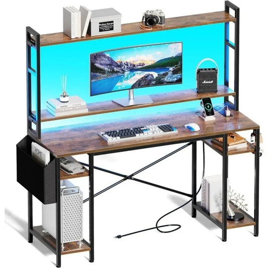 55 inch Computer Desk with Adjustable Shelves, Gaming Desk with LED Lights & Power Outlets, Home Office Desk with Monitor Stand