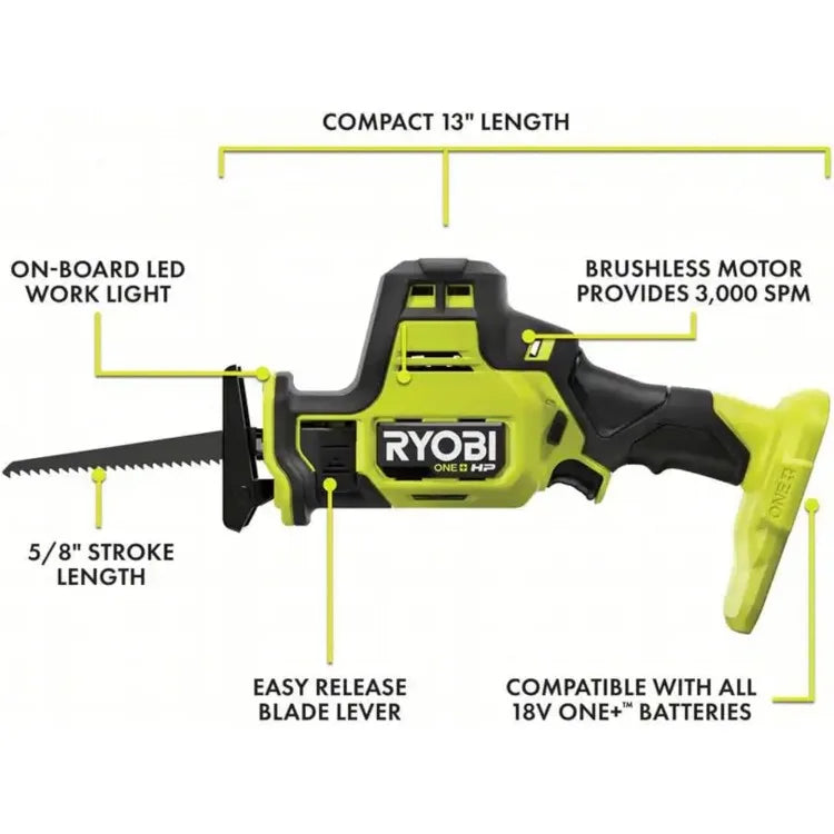 RYOBI Compact Reciprocating Saw Bundle, Battery, Charger, and Buho Tool Bag. 18-Volt Cordless,