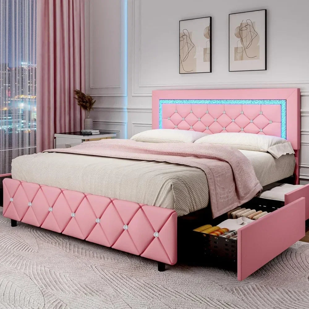 Full Size Bed Frame/LED/Drawers, Princess Platform Bed/Diamond Headboard and Footboard, Upholstered