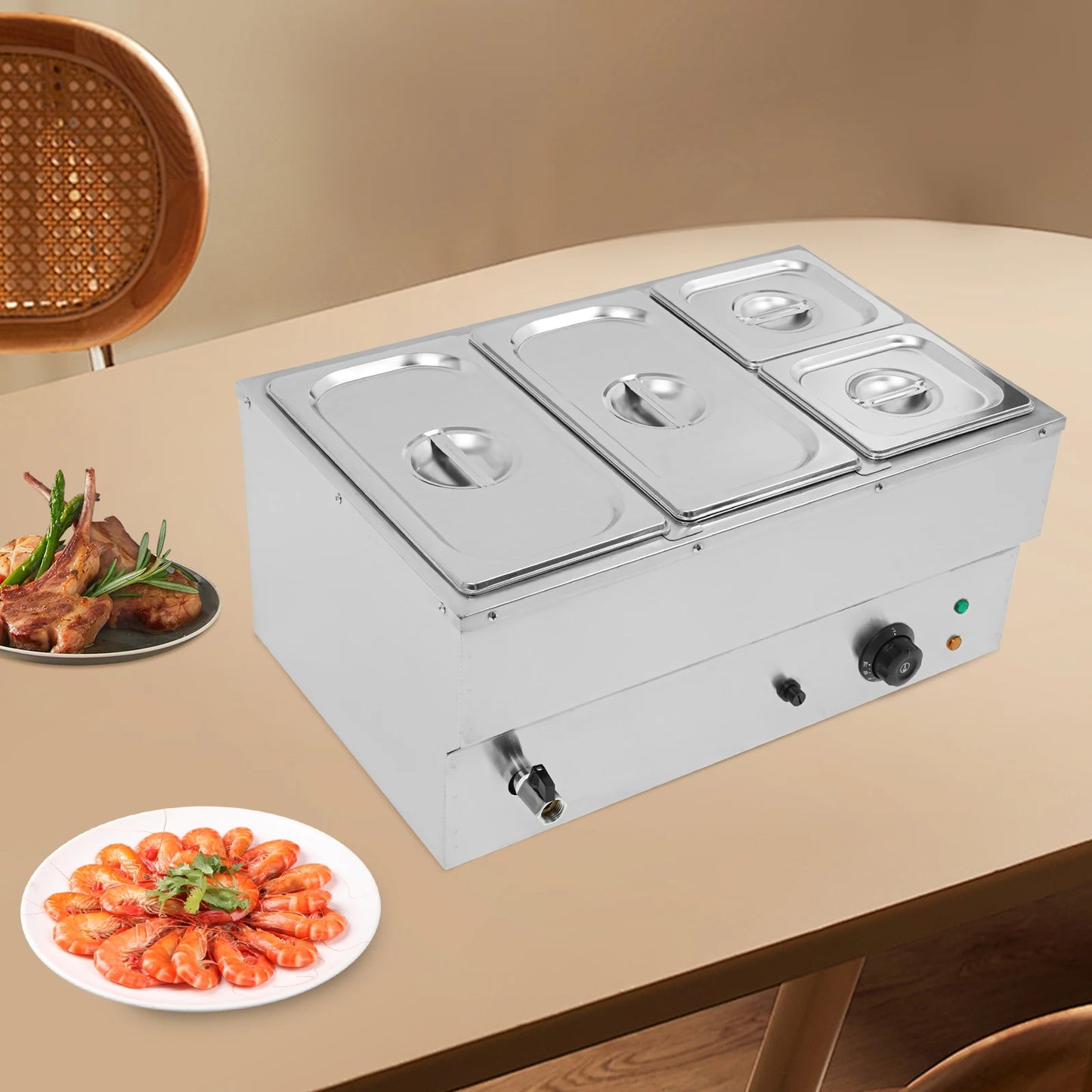 Electric 4-pan Food Warmer Commercial Stainless Steel Buffet Server Adjustable