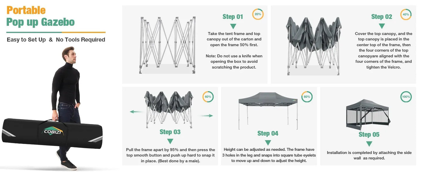 Canopy Tent 10x15 Heavy-Duty, Pop-Up Gazebo with Mosquito Netting, Waterproof Canopy with Sidewalls