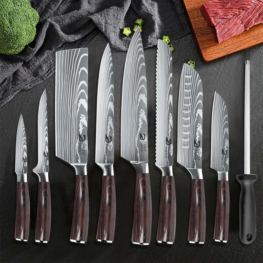 8pcs Kitchen Knife Damascus Stainless Steel Chef Knife / Santoku Knives With Nylon Bag