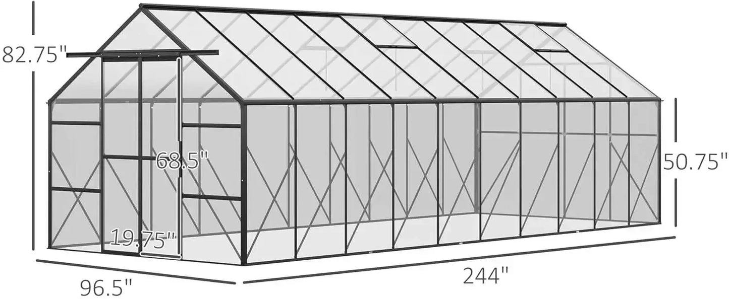 20' X 8' Aluminum Greenhouse Polycarbonate Walk-in Greenhouse/Roof Vent 244.1"L x 96.5"W x 82.7"H