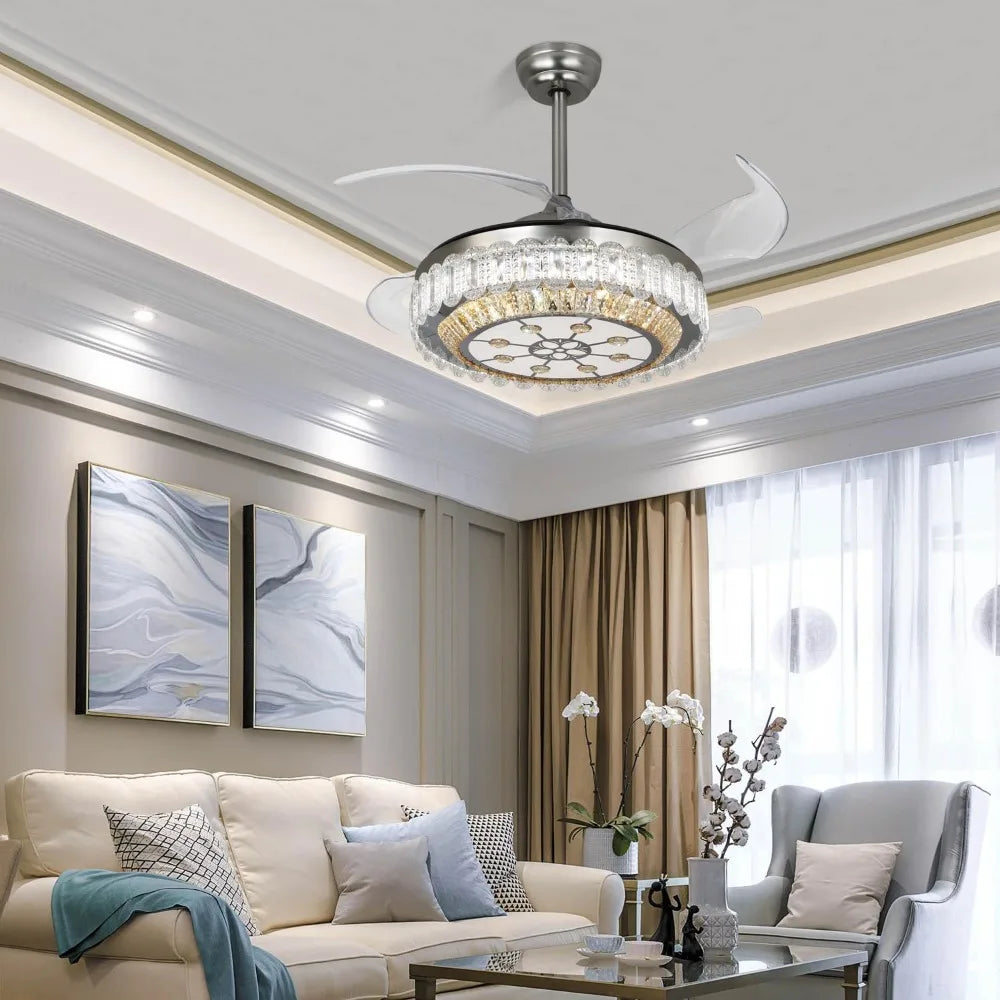 2024 New 42" Retractable Ceiling Fan LED Light&Remote,Modern Chandelier w/ Bluetooth Music Player